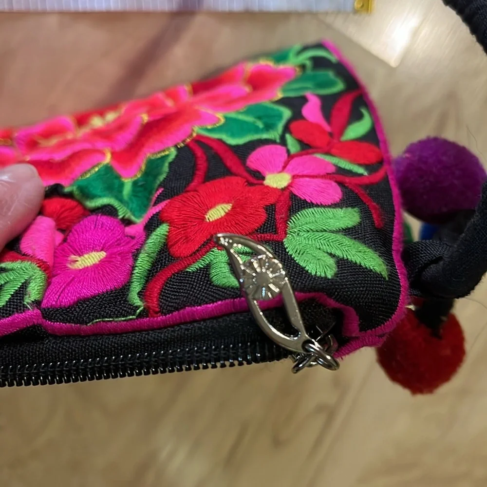 Colorful Embroidered Floral Boho Crossbody Shoulder Bag with Pom Poms